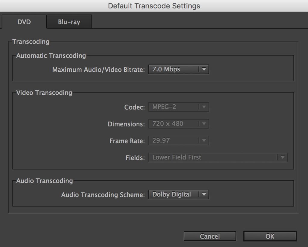 Adobe Encore CS6 Default Transcode Settings