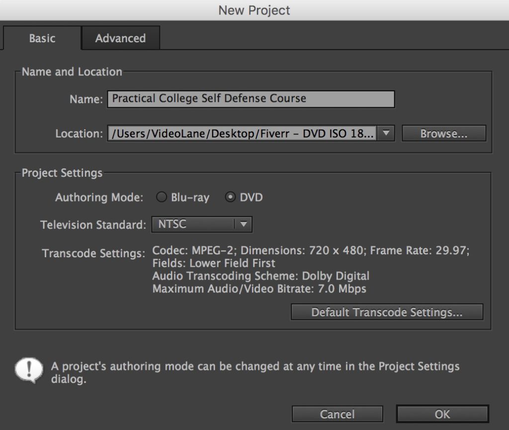 Adobe Encore CS6 New Project OK