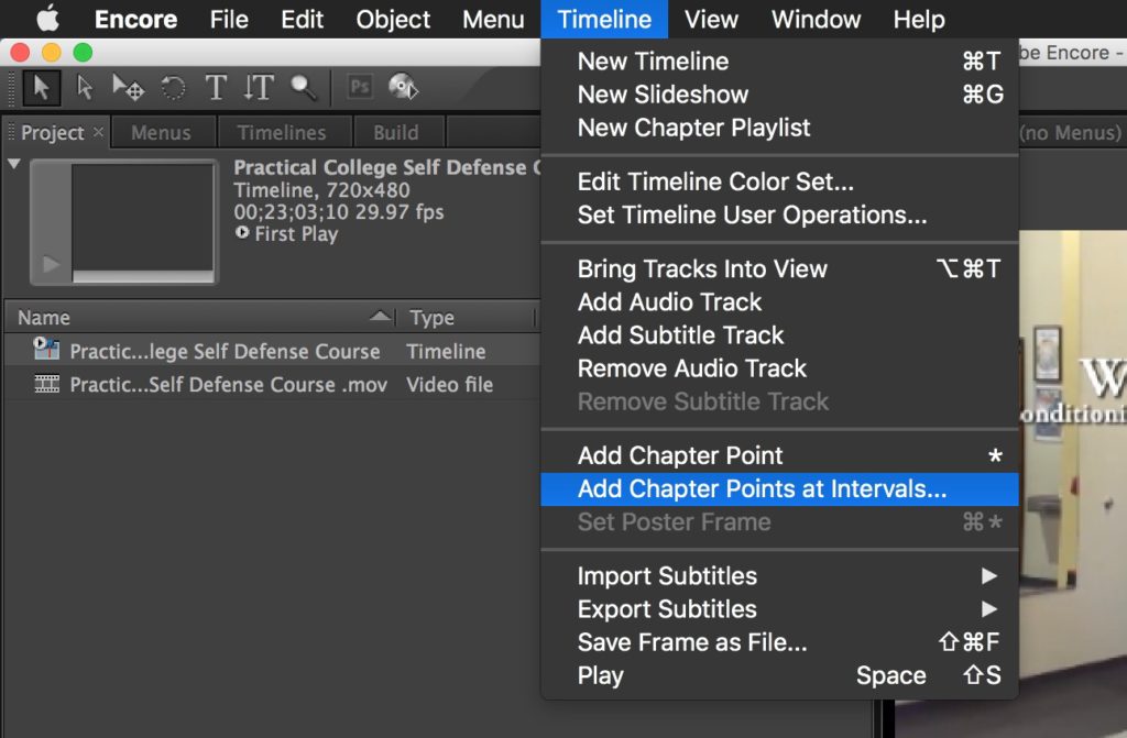 Adobe Encore CS6 Timeline Add Chapter Points at Intervals